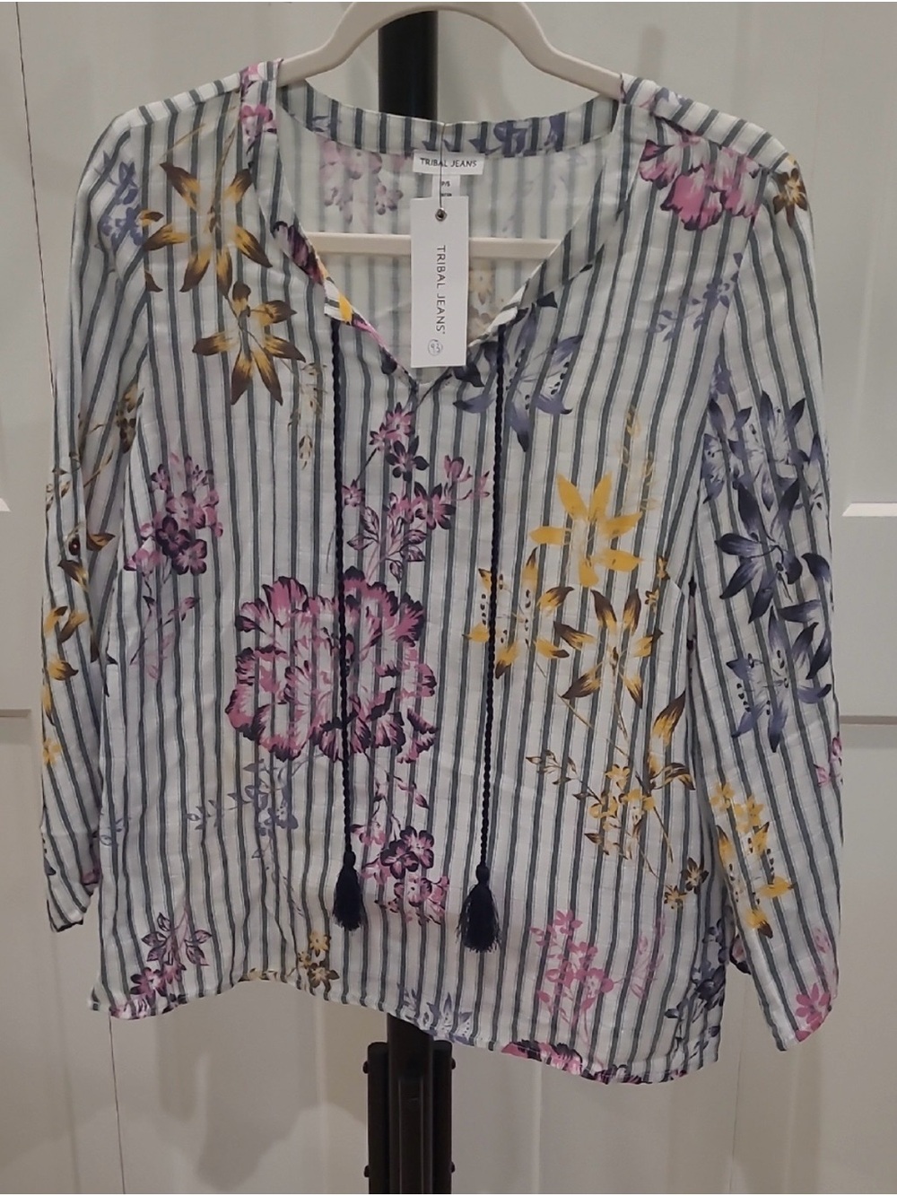 Floral Stripe Tassel Tie Blouse - White with Navy, Pink & Yellow Floral